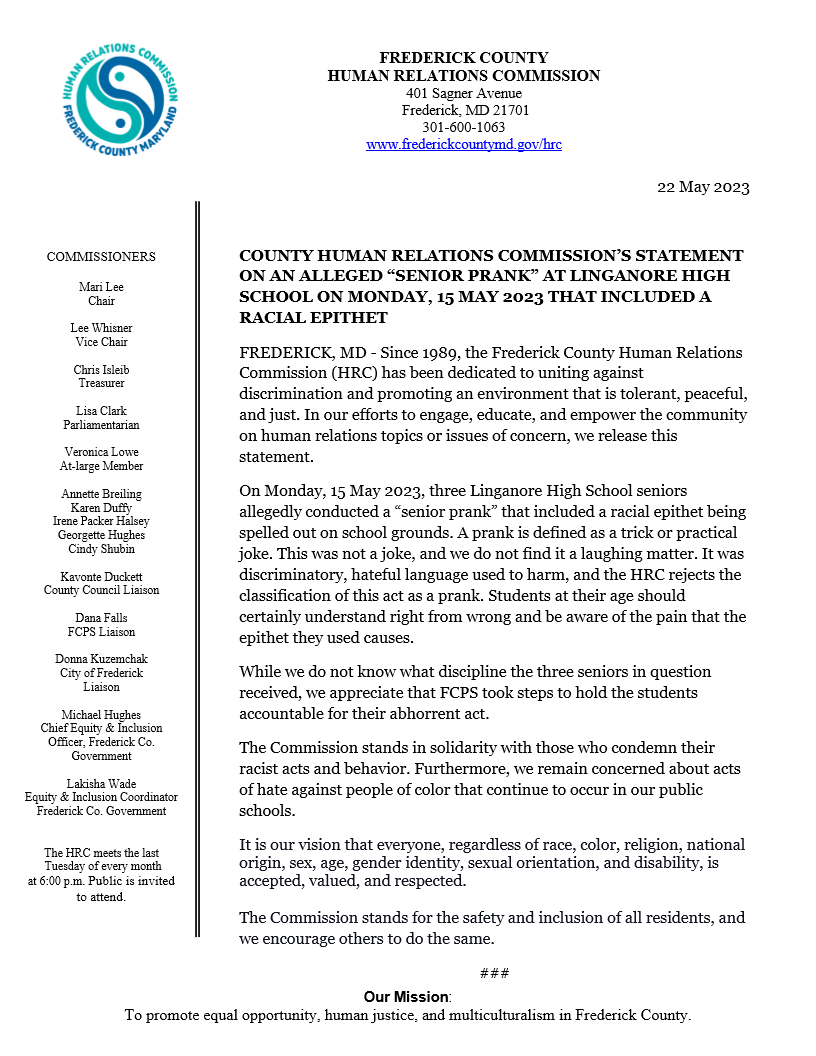 HRC_FredCo's tweet photo. #FredHRC Statement on the Alleged "Senior Prank" at Linganore High School on Monday, 15 May 2023 - https://t.co/zktSWrv7KO https://t.co/IjeoL2gjHX