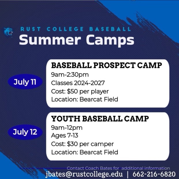 Rust College is hosting two baseball summer camps this July. 📷

For additional information, and to RSVP, contact head coach John Bates - jbates@rustcollege.edu | 662-216-6820.