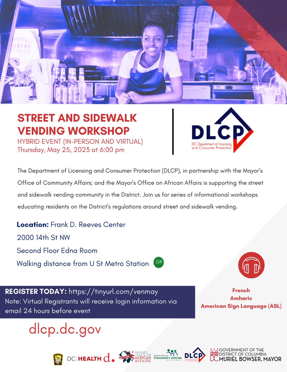 MOAA_DC's tweet photo. #TeamMOAA spreading the word! This Thursday, @DC_DLCP is answering all your questions on Street and Sidewalk Vending.
There will be Amharic and French interpretation available.
🗓️Thursday, May 25
⏰6pm
📍Reeves Building | 2000 14th St NW
➡️https://t.co/JhowRKxp28
#DCValues https://t.co/gulMvhkKUp