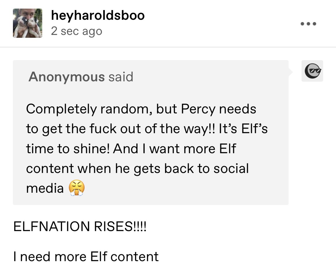 anardilyas's tweet photo. As PercyNationOfficial said in Instagram: this isn’t about #PercyHynesWhite, this is about Elf being a baby 🖤 #ElfNation RISES https://t.co/xTqp2Dngy6