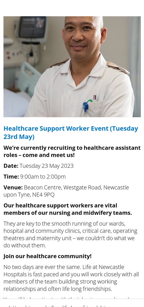 If you are interested in a role as a Healthcare Assistant <a href="/NewcastleHosps/">Newcastle Hospitals</a> come along to our recruitment event tomorrow 
09.00-14.00 <a href="/TheBeaconNE4/">The Beacon Newcastle</a>.  No need to register in advance.  

 careers.nuth.nhs.uk

#welookforwardtoyoucomingalong 😊
