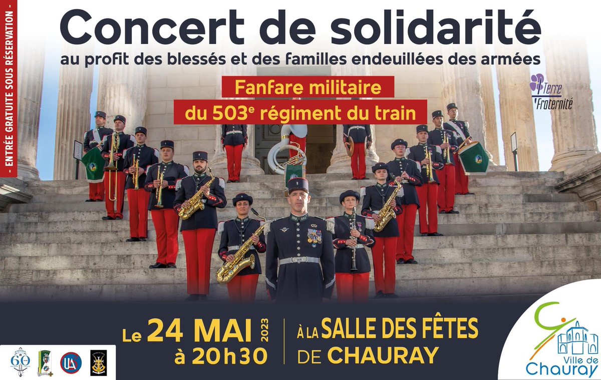 #Info | Le concert au profit des blessés militaires le 24 mai à la Ville de #Chauray affiche complet !

Les 600 places sont réservées. Merci de votre soutien et de votre compréhension 🙏

#AvecNosBlessés #CohésionDéfense #CABAT #TerreFraternité #Concert #Musique
