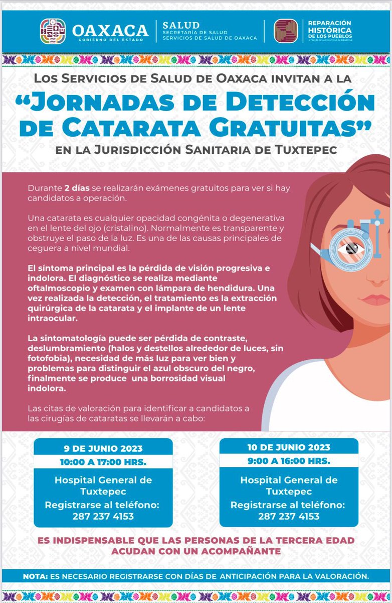 InformateOax's tweet photo. SSO_GobOax: La #catarata representa la principal causa de ceguera en el mundo, una de cada dos personas mayores de 75 años tienen este padecimiento. 

Participa en la Jornada de Detección de Catarata en #Tuxtepec. https://t.co/XbtiIgmGqm