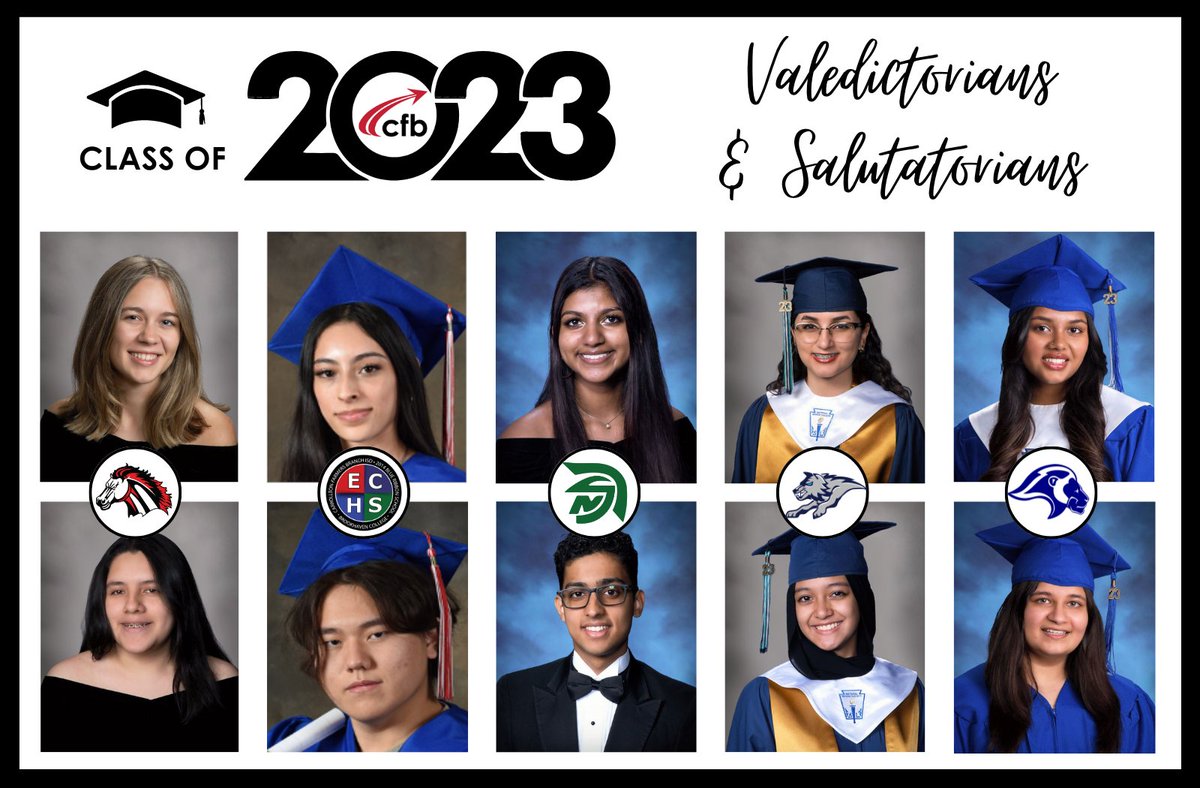 CFBISD's tweet photo. 🎓 Congratulations to our 2023 CFBISD Valedictorians and Salutatorians! We are #cfbproud of you and all of your accomplishments. To see the list of Valedictorians/Salutatorians, please visit https://t.co/TeAVPXOub4