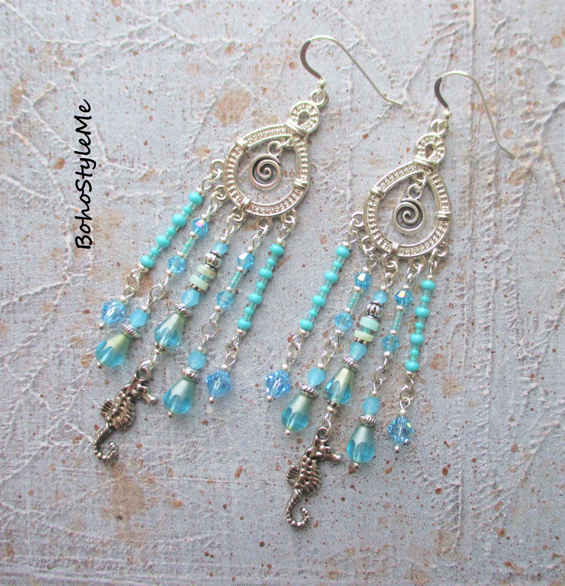 Seahorse Reef, Boho Style Me Aqua Oceanic Beaded Boho Beach Wedding Earrings, BohoStyleMe, Long Handmade Earrings