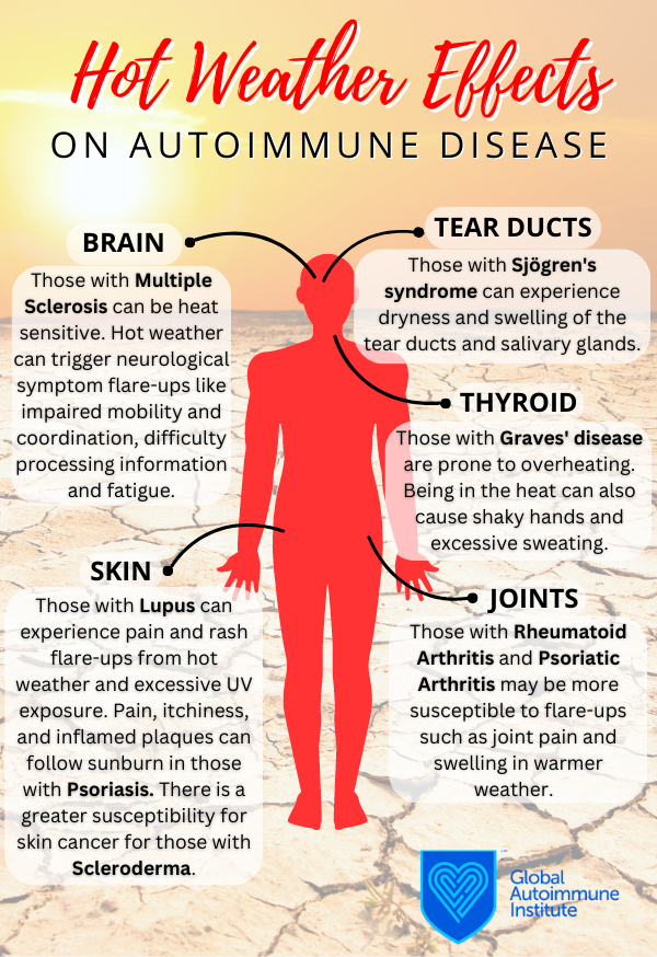 AutoimmuneGAI's tweet photo. Many with #autoimmunedisease are concerned that hot temperatures will trigger flare-ups. While warmth &amp; sunlight can provide relief for some, heat &amp; humidity can worsen symptoms and lead to uncomfortable outbursts in others. Learn more in our article! https://t.co/ksrczCemsW https://t.co/VcqoL1tAE7