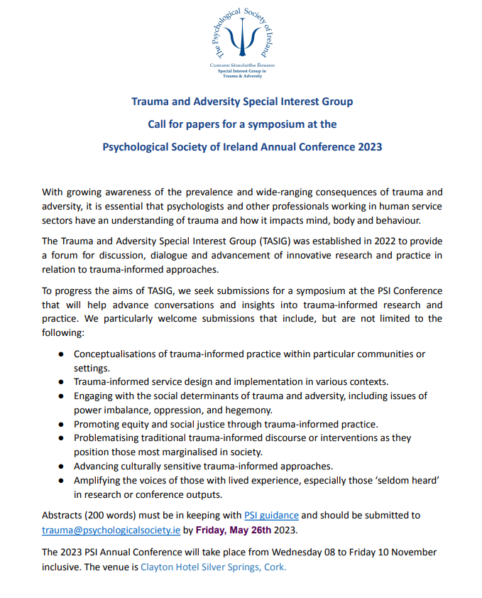 TraumaSIG (@traumasig) on Twitter photo Last call for abstract submissions for our proposed symposium at this year's <a href="/PsychSocIreland/">Psychological Society of Ireland</a> Conference. Deadline this Friday. Submissions from professionals, students, and early career psychologists welcome <a href="/PSI_SAG/">PSI Student Affairs</a> <a href="/PSI_EGG/">PSI Early Graduate Group</a> Last call for abstract submissions for our proposed symposium at this year's <a href="/PsychSocIreland/">Psychological Society of Ireland</a> Conference. Deadline this Friday. Submissions from professionals, students, and early career psychologists welcome <a href="/PSI_SAG/">PSI Student Affairs</a> <a href="/PSI_EGG/">PSI Early Graduate Group</a>