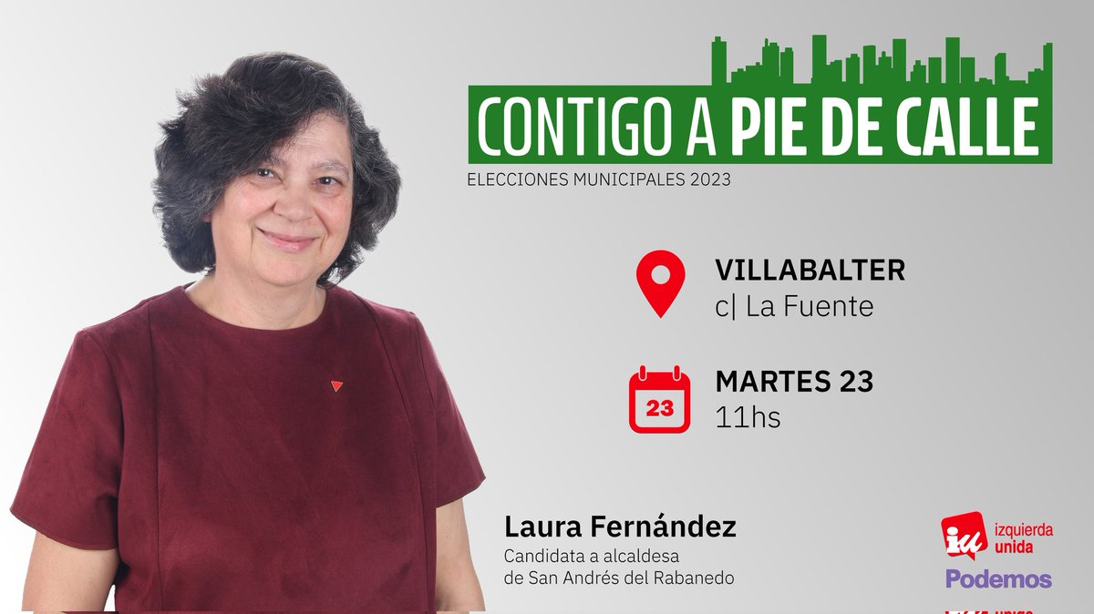 Mañana martes 23 de mayo, a las 11 de la mañana, estaremos en la Calle La Fuente de Villabalter con los miembros de nuestra candidatura, para seguir presentando nuestro programa y recoger vuestras propuestas.

#CuidamosLoCercano #CompromisoConSanAndres #CompromisoContigo