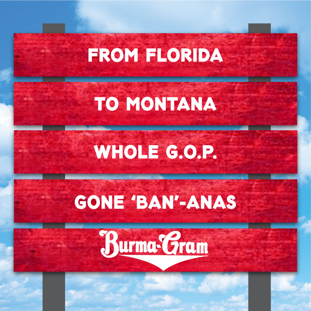 ––––––––––––––––––
FROM FLORIDA
––––––––––––––––––
TO MONTANA
––––––––––––––––––
WHOLE G.O.P.
––––––––––––––––––
GONE ‘BAN’-ANAS
––––––––––––––––––
~ BURMA-GRAM

#tiktokban #bans #bookban #bananas