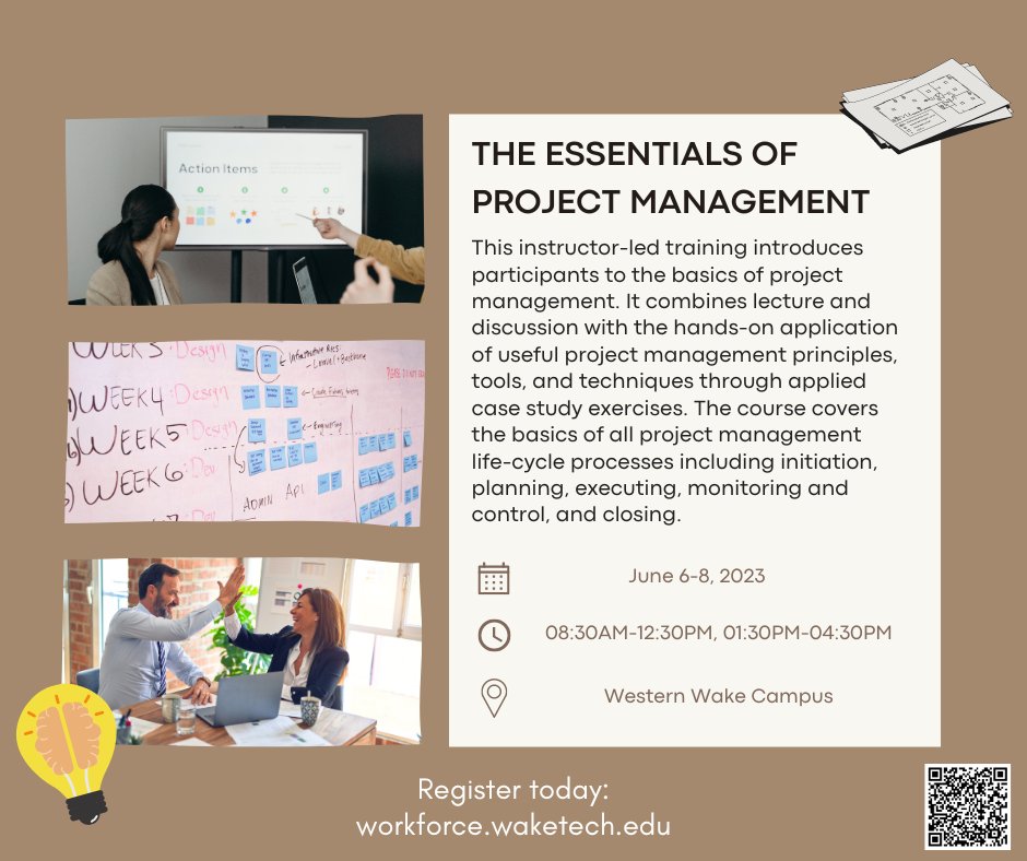 Level up your skills and learn the basics of project management with our upcoming Essentials of Project Management course! This hands-on training begins on June 6, so register today at bit.ly/3l7VGC1. 

#WakeTech #ProjectManagement #RaleighNC