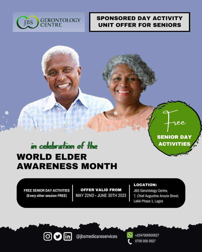 In Celebration of World Elder Awareness Month, we are offering FREE Senior Day Activities from May 22nd - June 30th. Bring your parents and grandparents to JBS Gerontology Centre #geriatrician #jbsmedicareservices