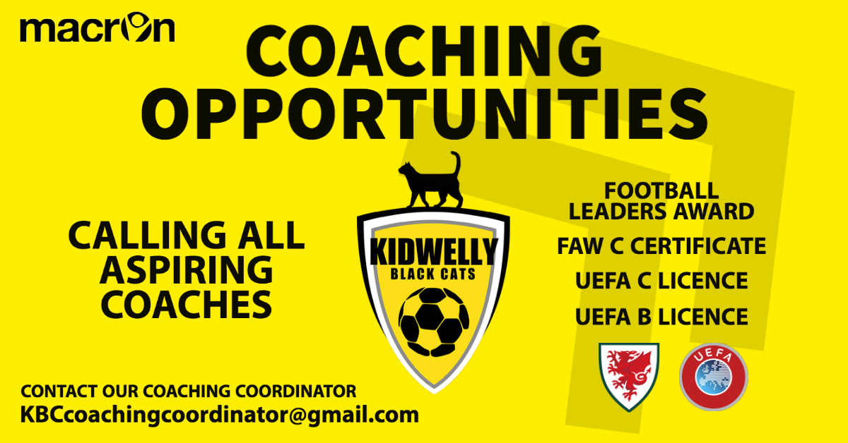 Kidwelly Black Cats are offering new and exciting opportunities for both male and female voluntary coaches. For further information please contact our coaching coordinator: KBCcoachingcoordinator@gmail.com @CsgSoccer @ColegSirGar @FAWales @AllWalesSport