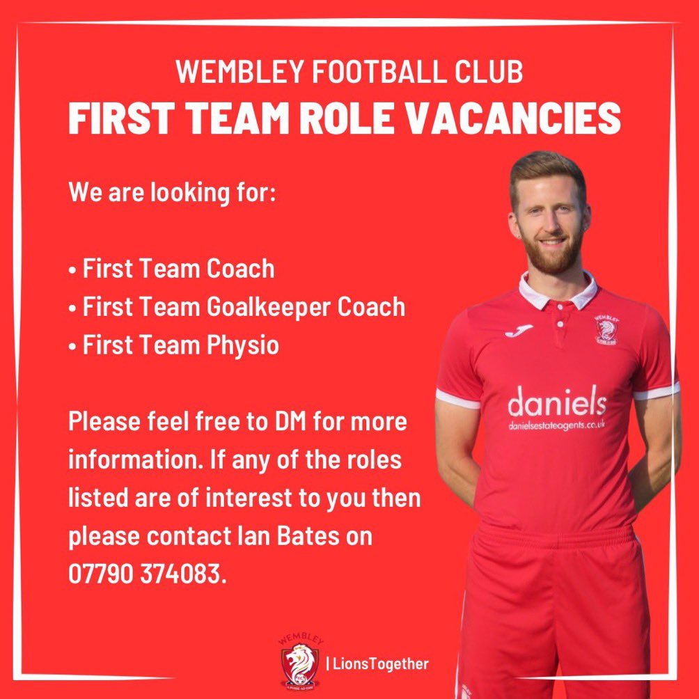 🚨 NEW COACHING ROLES! 😳

My local club @WembleyFC are looking for some fresh additions to the coaching staff for the 2023/24 season

If interested, please contact Ian Bates or tag a friend of yours below! 👇🏽

🦁 | #LionsTogether