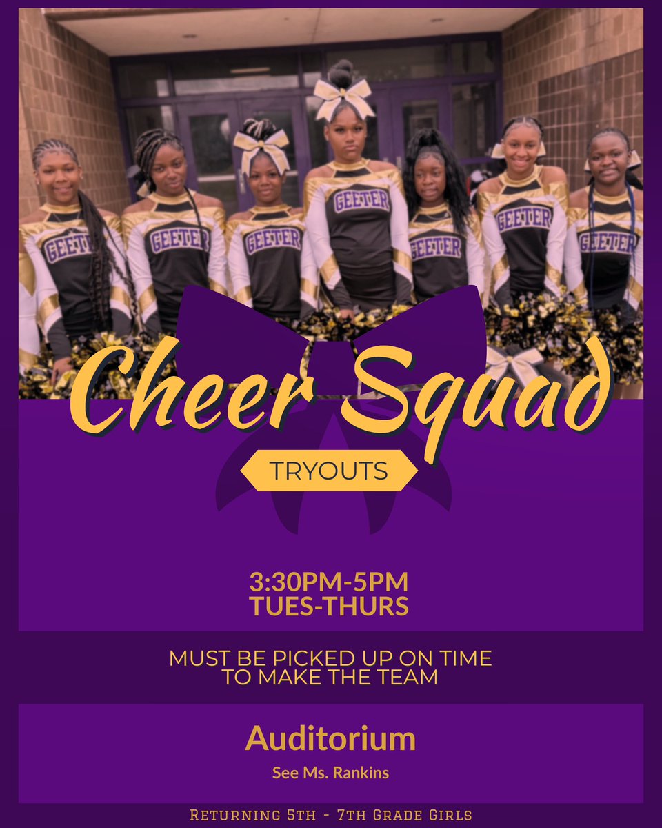 GeeterSchool's tweet image. 📣Cheerleader Tryouts📣 
 Tuesday-Thursday 3pm-5pm
See Ms. Rankins for more info