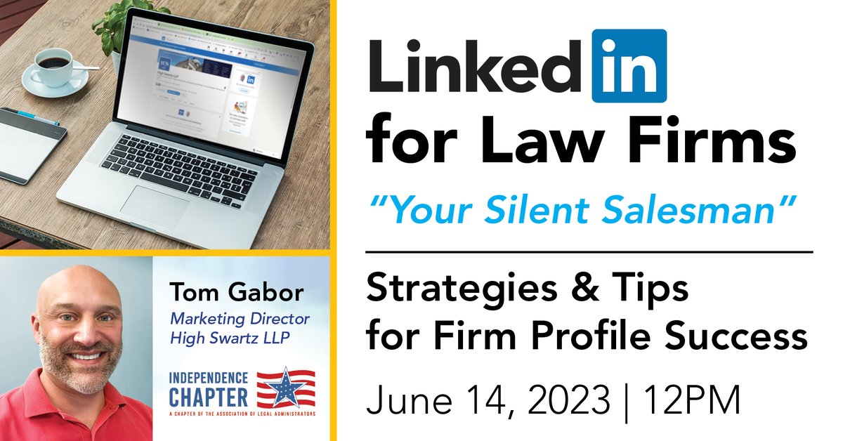 Learn how a strong firm Linkedin profile can offer thought leadership, recruiting, discoverability, and lead generation possibilities. Join @HighSwartz marketing director @tomgabor for this virtual event free to @ALABuzz members.
ala-independence.org/upload/events/…