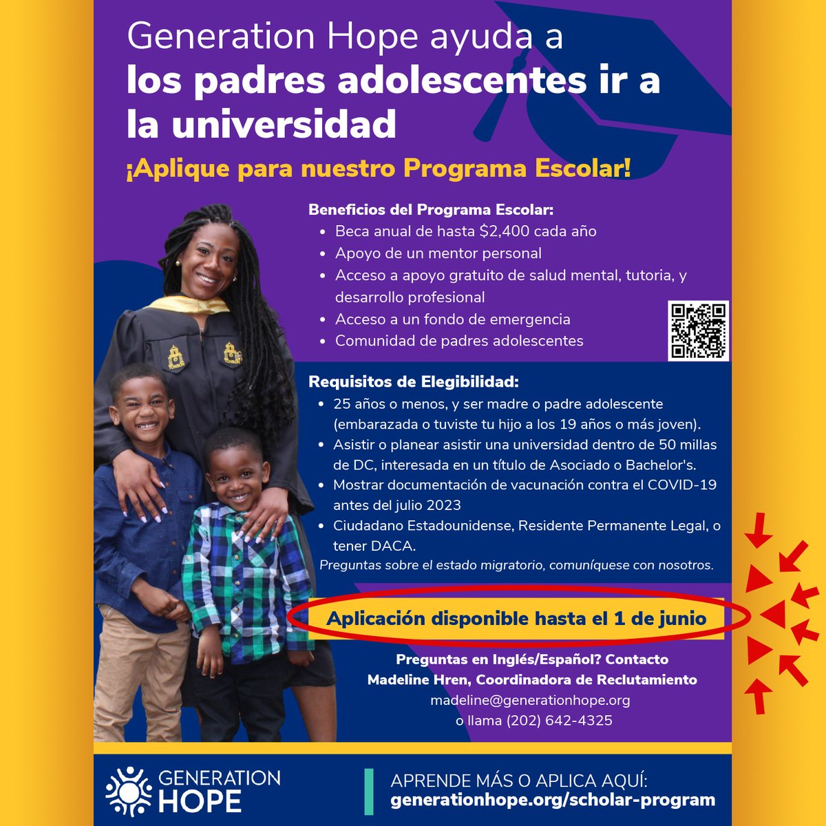 ¡ATENCIÓN, si eres un padre adolescente, aún puedes solicitar el Programa Escolar para obtener ayuda para ir a la #universidad! ¡Obtenga tutoría, asistencia con la matrícula, preparación profesional y más!

La fecha límite: 1 de junio

Conoce más/aplica: 
generationhope.org/scholar-program