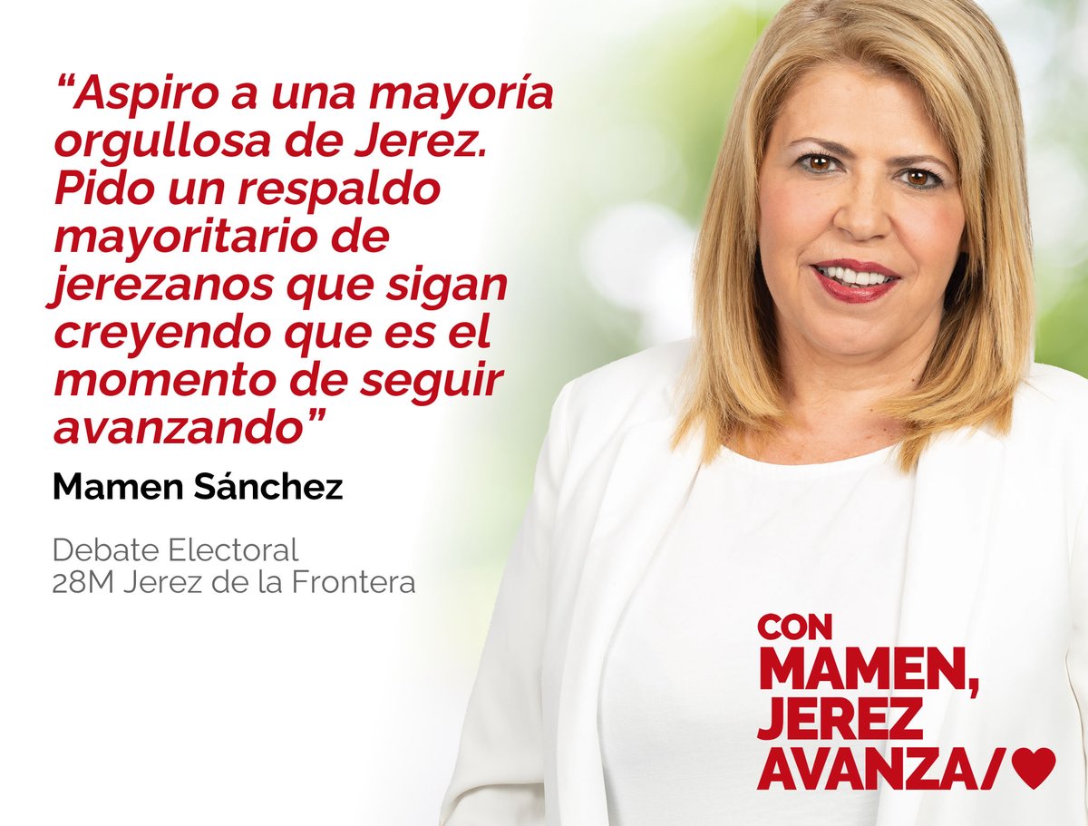 psoejerez's tweet photo. Aspiramos a una mayoría orgullosa de Jerez. Por eso pedimos un respaldo mayoritario de las jerezanas y jerezanos que sigan creyendo que es el momento de seguir avanzando.

#ConMamenJerezAvanza #MamenAlcadesa #VotaMamen https://t.co/IDcnqKA8Ri