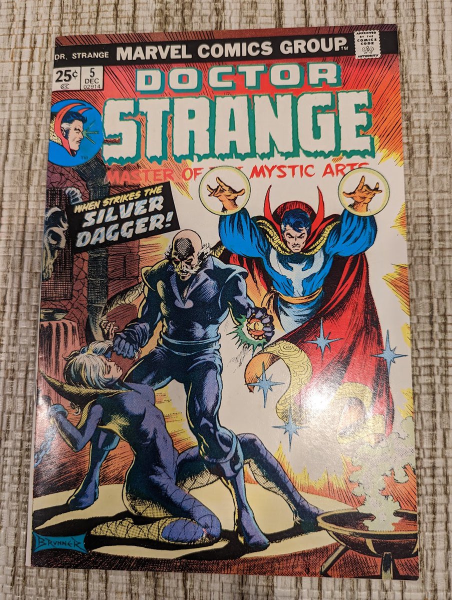 JIMMY'S RECENT PURCHASE AND REVIEW: #DoctorStrange  ISSUE 5  (1974). #SteveEnglehart, writer,  & #FrankBrunner. artist.  #SilverDagger has murdered the good doctor. However after combining spirits , if you will, with #Clea, his lady, he returns to LIFE.!!