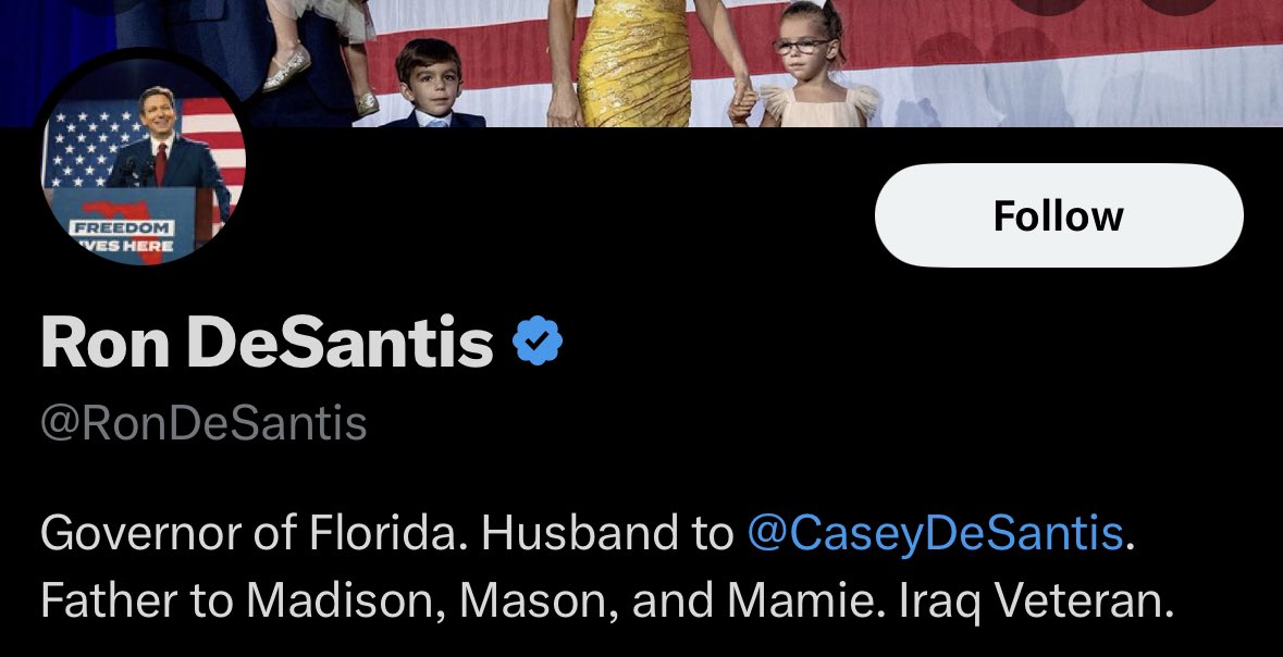 DeSantis dropped FL from his Twitter handle (used to be @RonDeSantisFL). Symbolic of a governor who never cared about this state and was always in it for his political ambition beyond anything else. Now he is about to eat shit and be seriously humiliated in the national stage.