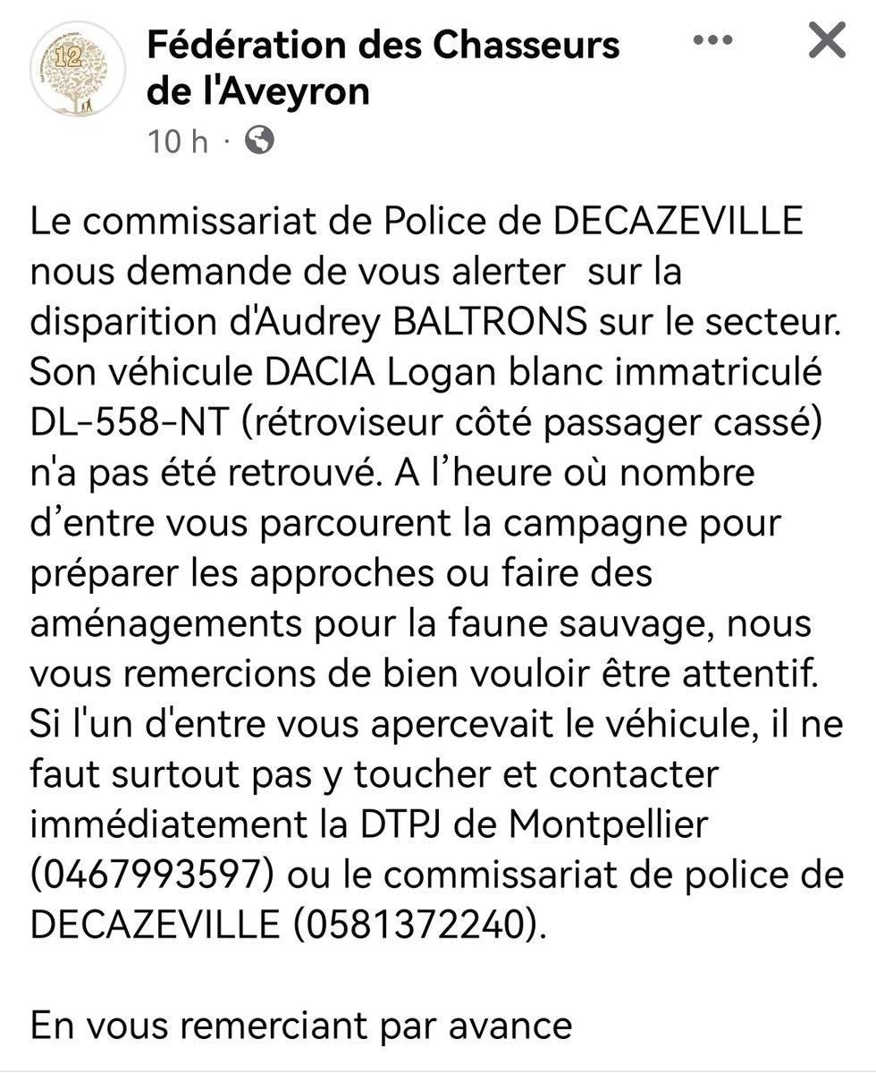 MoselleHunt's tweet photo. #FDC12 #Aveyron #AlerteDisparition

"A l’heure où nombre d’entre vous parcourent la campagne pour préparer les approches ou faire des aménagements pour la faune sauvage, nous vous remercions de bien vouloir être attentif."

#ChassePartage https://t.co/oQJH0N2hi3