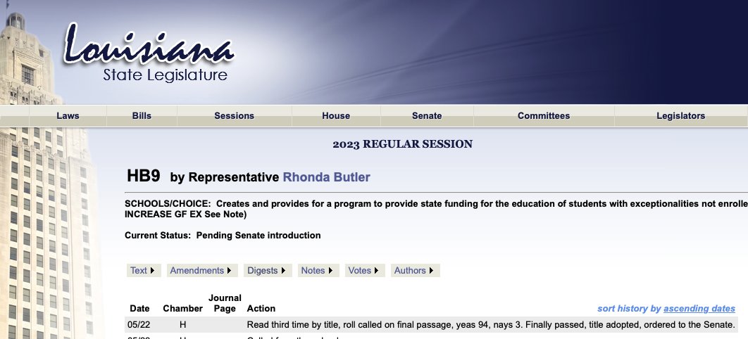 Louisiana House passes HB9. ESA creates and provides for a program to provide state funding for the education of students with exceptionalities not enrolled in public schoolVote: 94-3. Bill moves to Senate committees. #lalege #laed