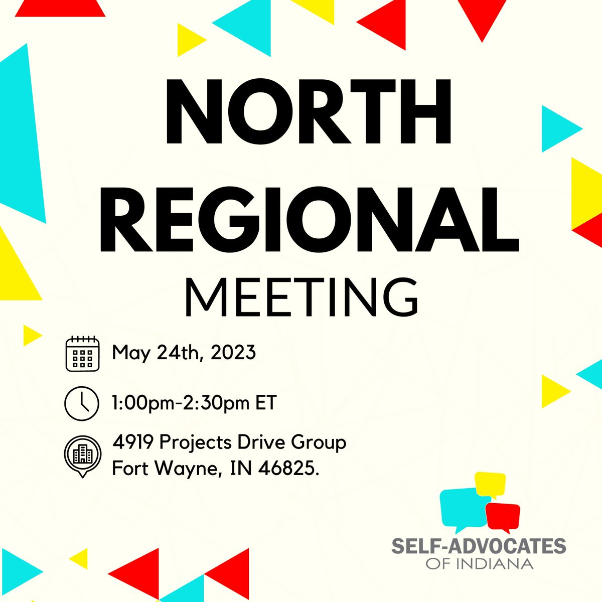 This Wednesday, May 24th will be our North Regional Meeting! Join us at @EastersealsArc  from 1pm-2:30pm ET to hear about what we have accomplished in the past year and share what your chapter has done!

#RegionalMeetings #SelfAdvocatesOfIndiana