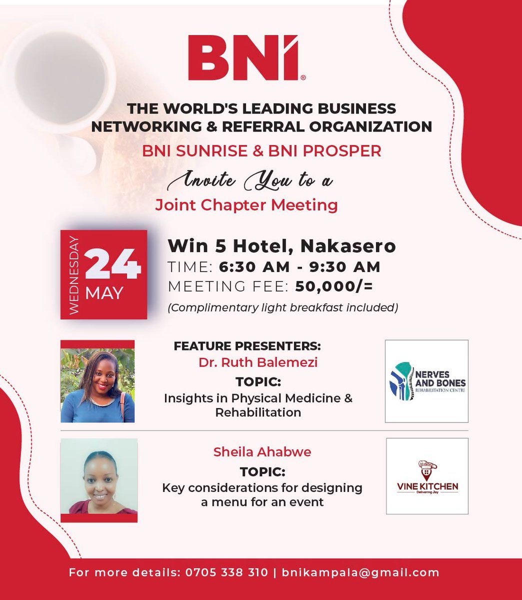 This week in BNI, join Ruth N. Balemezi and Sheila Ahebwa as they present on 24th May at 6:30am Win 5 Hotel. You are invited! To join BNI: lnkd.in/djKuJ6xn #bnireferralsatwork, #bnireferralsource, #bnireferralsinmotion