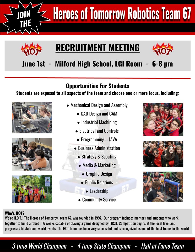 🔥The  HOT Team will be hosting a recruitment meeting on June 1st for the  2023-2024 Robotics season! See the attached picture for more  information. We look forward to seeing you!🔥
