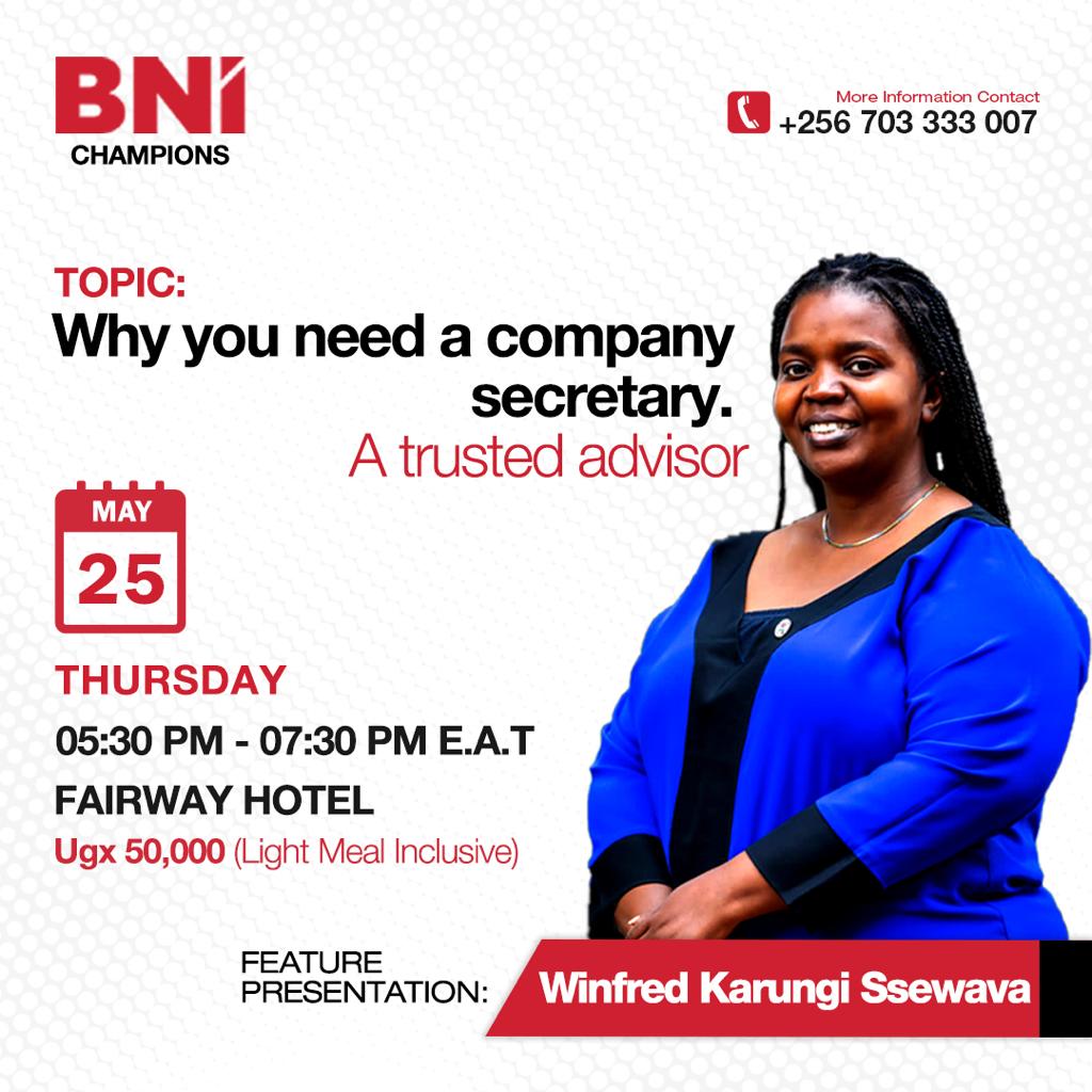 This week in BNI: join @Wkarungi as she presents on 25th May at 5:30pm. You are invited! To join BNI: lnkd.in/djKuJ6xn BNI Champions, Uganda #bnireferralsatwork, #bnireferralsource, #bnireferralsinmotio