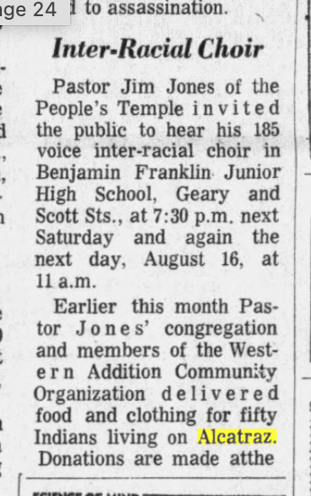 Jim Jones &amp; the People's Temple providing supplies for the Alcatraz occupiers is yet again reminding me how out of pocket 1970s California was.