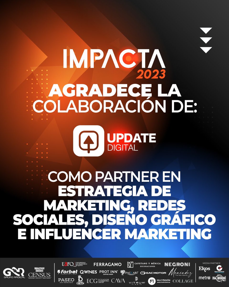 Queremos agradecer a <a href="/UpdateDigitalEC/">Update Digital</a> nuestro partner en estrategia de marketing, redes sociales, diseño gráfico, influencer marketing y cobertura en  #IMPACTA2023

El trabajo en conjunto de grandes profesionales hace la diferencia al momento de tener éxito en un proyecto.