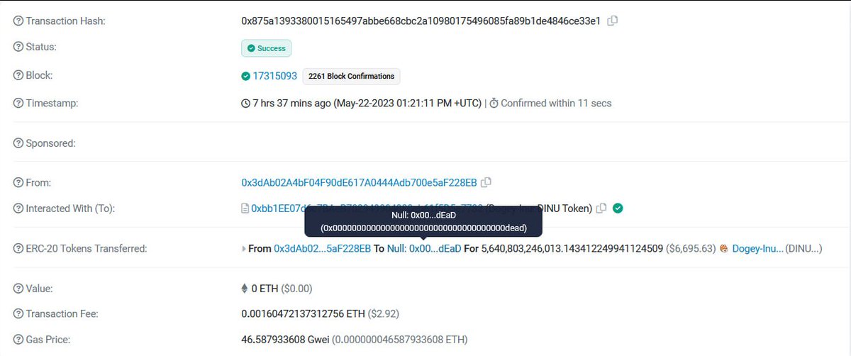 🕺💃

The Founder of $DINU Lady's and gents, 🕴️‍♀️🕴️

Burning $6,7k worth of $DINU #Dogeyinu #DINU 
for the community. 🔥

Trillions gone 👋

#memecoin #Memes #memeseason2023 #CryptoUpdate #cryptocurrency #CryptoNews #Crypto #1000xgem #BULLISH #community #LFG

Check for your self 👇