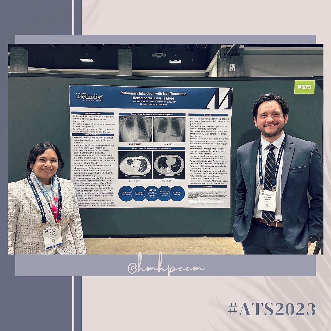 Houston Methodist PCCM Fellowship (@hmhpccm) on Twitter photo Check out our wonderful future interventional pulmonologist <a href="/JonathanMunozMD/">JONATHAN MUNOZ</a> and his poster regarding pleural disease and management of traumatic and spontaneous hemothorax at #ATS2023
His poster title may say ‘less is more’ but we can’t get enough of Jonathan’s informative work! Check out our wonderful future interventional pulmonologist <a href="/JonathanMunozMD/">JONATHAN MUNOZ</a> and his poster regarding pleural disease and management of traumatic and spontaneous hemothorax at #ATS2023
His poster title may say ‘less is more’ but we can’t get enough of Jonathan’s informative work!