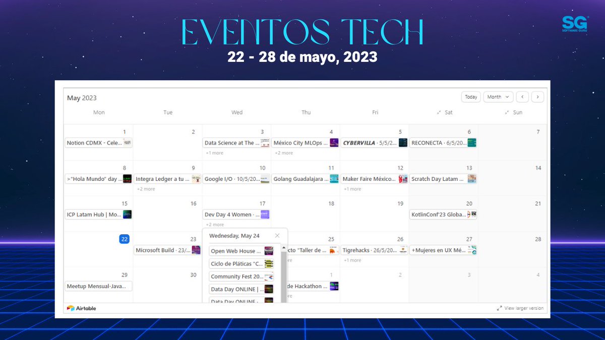 RevistaSG's tweet image. ¿Ya viste los #eventostech de la semana? 👀
Se vienen confs, hackathones y más, organizados por @masmujeresux_mx, Microsoft Build, @GDSCUV, @TigerHacksHD, Bisontech, @openwebacademy_, @datapopalliance, @rustlangmx, @CarnesCrypto y más.
👉🗓️  Apúntate en sg.com.mx/buzz/eventos-t…