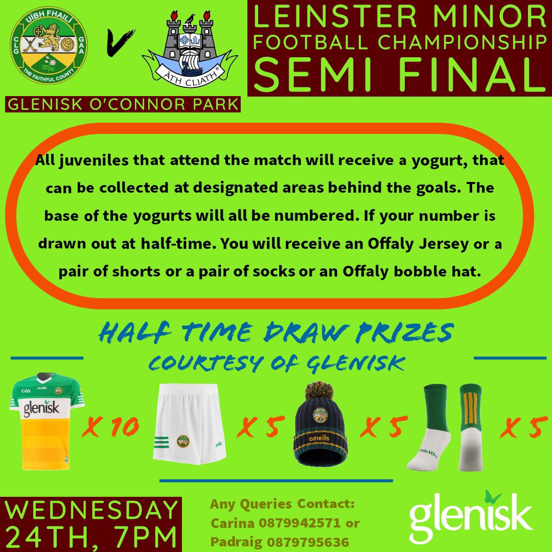 Best of luck to the Offaly minor footballers who take on Dublin in their Leinster semi final at 7 pm in Glenisk O’Connor Park on Wednesday 24th May. A special mention to our three club men involved: Darragh Mannion, Roger Ryan and Barry Rohan.

universe.com/events/electri…