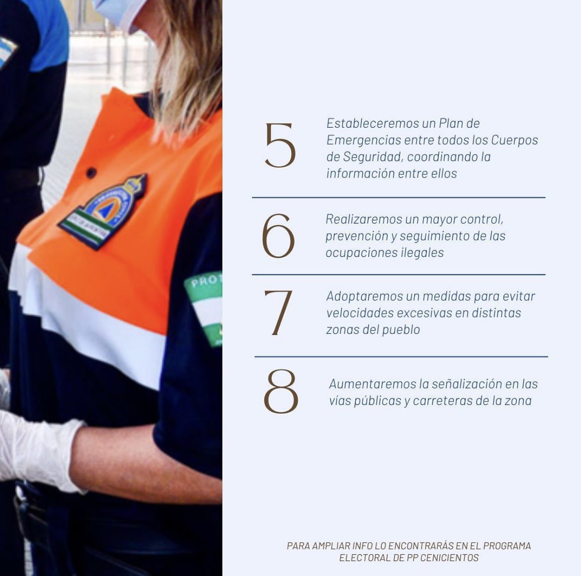 Seguimos con las medidas de nuestro PROGRAMA ELECTORAL. Ahora os informamos de nuestro plan en materia de SEGURIDAD de nuestro pueblo. 

#PartidoPopular #Cenicientos #Candidatura #ProgramaElectoral #seguridad #Elecciones2023