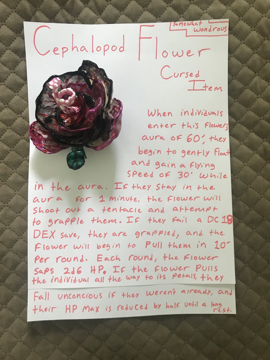 Cephalopod Flower: cursed item

#dnd #dnd5e #dndart #dndhomebrew #dunegonsanddragonshomebrew #dungeonsanddragons5e #dungeonsanddragons #homebrew5e #dndhomebrew5e #art #cursed #flower