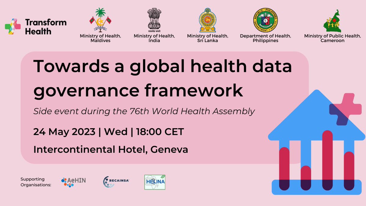Tomorrow we're co-hosting a #WHA76 side event with @MoHmv  @MoHFW_INDIA, @MoH_SriLanka, @DOHgovph, & @MinsanteCMR to build support for a global #HealthDataGovernance Framework.

If you're in Geneva, join us for this important session!

#HealthData #DigitalHealth #HealthForAll