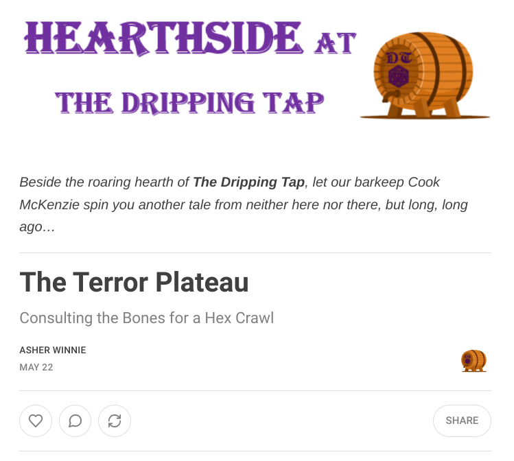 My "fell off" arc is officially over, I'm now posting again bi-weekly on my game design blog 😎

This issue of #Hearthside is a hex crawl I made when I was sick and bored. Link in the reply:
#dnd5e #DnD #ttrpg #gamedesign