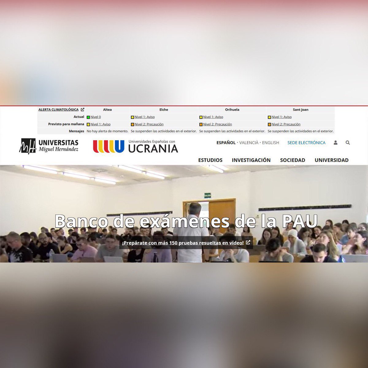 UniversidadMH's tweet photo. ⚠ IMPORTANTE ⚠ Está previsto para mañana 23/05 el siguiente Nivel de Alerta en los 4 campus de la #UMH:

Campus de Elche: Nivel 2. PRECAUCIÓN
Campus de Sant Joan de Alacant: Nivel 2. PRECAUCIÓN
Campus de Altea: Nivel 1. AVISO 
Campus de Orihuela: Nivel 2. PRECAUCIÓN

Os pedimos que estéis atentos a la posibilidad de un incremento del nivel de emergencia. La información completa de la situación, puedes consultarla en la web principal de la UMH: https://t.co/aUOwEPVk3Z  💻 

Si cambia la situación y sube el Nivel de Emergencia en algún campus a 3 (Rojo) o 4 (Negro) os informaremos a través de estos perfiles institucionales.