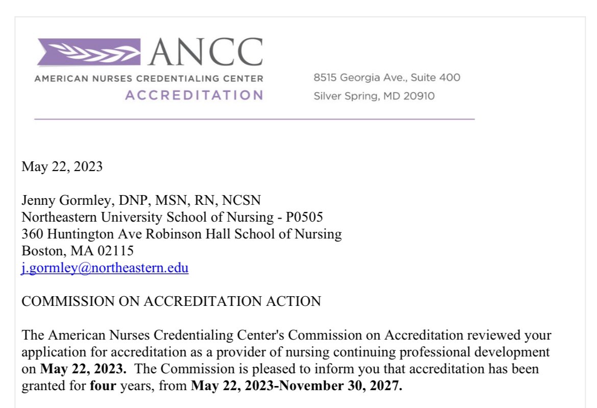 For another 4 years, Northeastern University School of Nursing is accredited by ANCC as a provider of nursing continuing professional development! Great news for nurses looking for quality CE for latest best practices, licensure and certifications!
