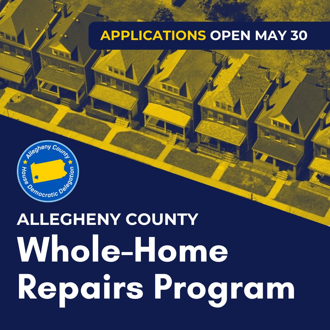 Eligible Allegheny County homeowners can apply to the #WholeHomeRepairsProgram beginning May 30th.

Action Housing is the facilitator of these dollars for Allegheny County, so please visit actionhousing.org/our-services/a… for program updates and to apply.