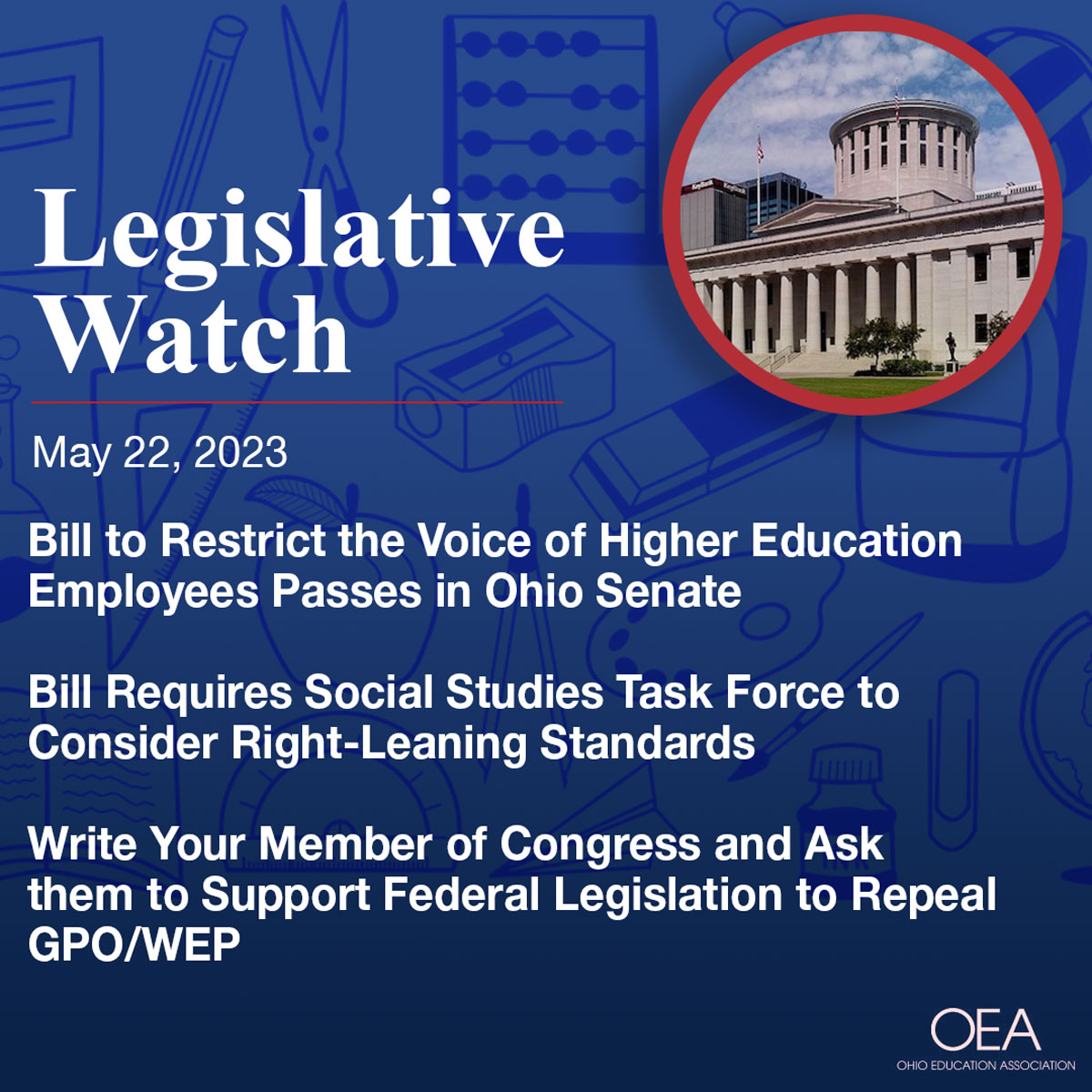The newest #LegislativeWatch is out! 👀 Covering #publiceducation issues at the #ohiostatehouse. Includes updates on #senatebill83, #housebill103, and the repeal of GPO/WEP

Read the full issue👇
ohea.org/legislative-wa…