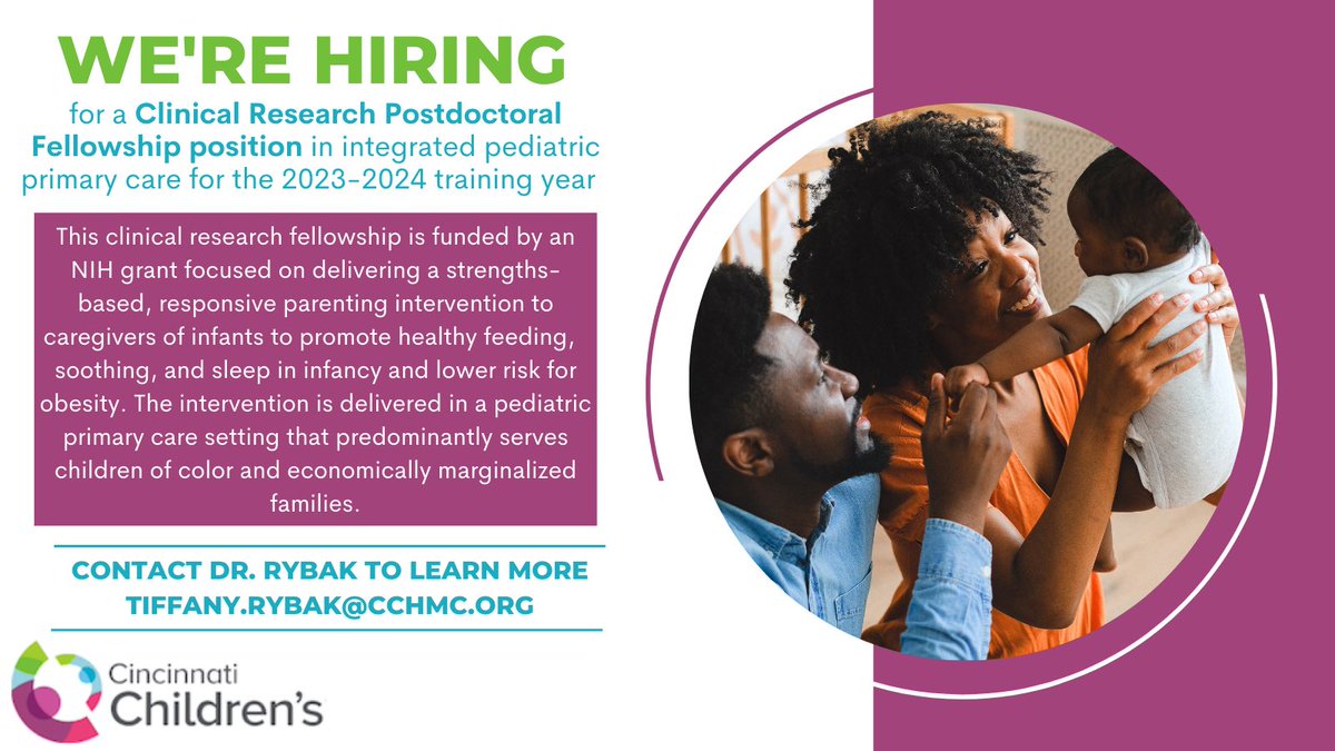 We are hiring for a #psychology #postdocposition in our Pediatric Integrated Primary Care program at <a href="/CincyBehMed/">Division of Behavioral Med & Clinical Psychology</a>. Amazing professional development opportunities available through our fellowship program <a href="/CincyPsyFellows/">Cincinnati Children's Psychology Fellowship</a> #AcademicChatter #postdocjobs #AcademicTwitter #pedpsych