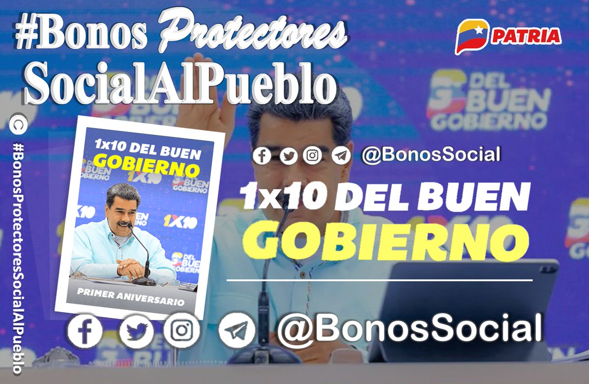 BonosSocial's tweet photo. 🖥️ Continua la entrega del Bono del 1er. #AniversarioDel1x10DelBuenGobierno a través del Sistema @CarnetDLaPatria enviado por nuestro Pdte. @NicolasMaduro.

✅ Monto en Bs. 100,00

@BonosSocial 
#MaduroMásPueblo https://t.co/o9ZdDWeweL