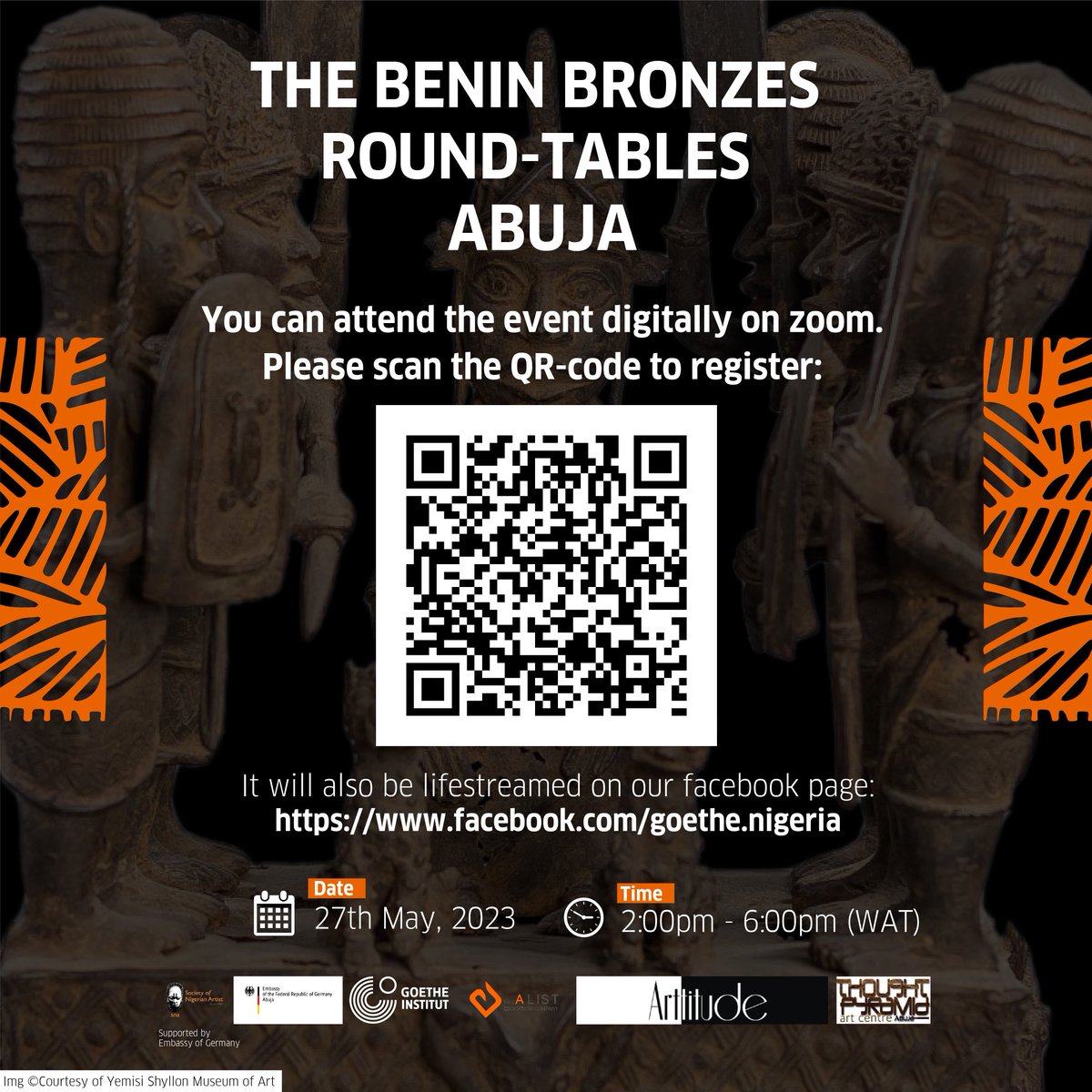 helennzete's tweet photo. The Benin Bronzes Roundtables
Abuja Conversation
Saturday, 27 May, 2pm-6pm (West African Time)
You can attend the event digitally on Zoom.

Please register:
https://t.co/41ygVrVzrx…
It will also be lifestreamed on our facebook page:
https://t.co/EwehDI11c0
#bbrtabuja https://t.co/w5pX357iom