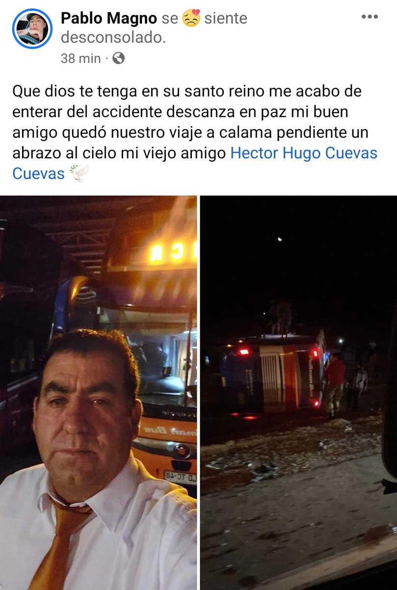 SomosCalama's tweet photo. @HombredeRadio Varias publicaciones indican que uno de los fallecidos es el conductor del bus https://t.co/awi9dKllFX