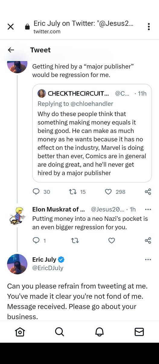 Eric July is not happy with me because...

1) I spoiled his big announcement weeks ago by revealing Chuck Dixon was writing a Rippaverse title for him. 

2) I take every opportunity to remind people that Dixon's been working with a neo Nazi for years before Eric hired him.

Cope