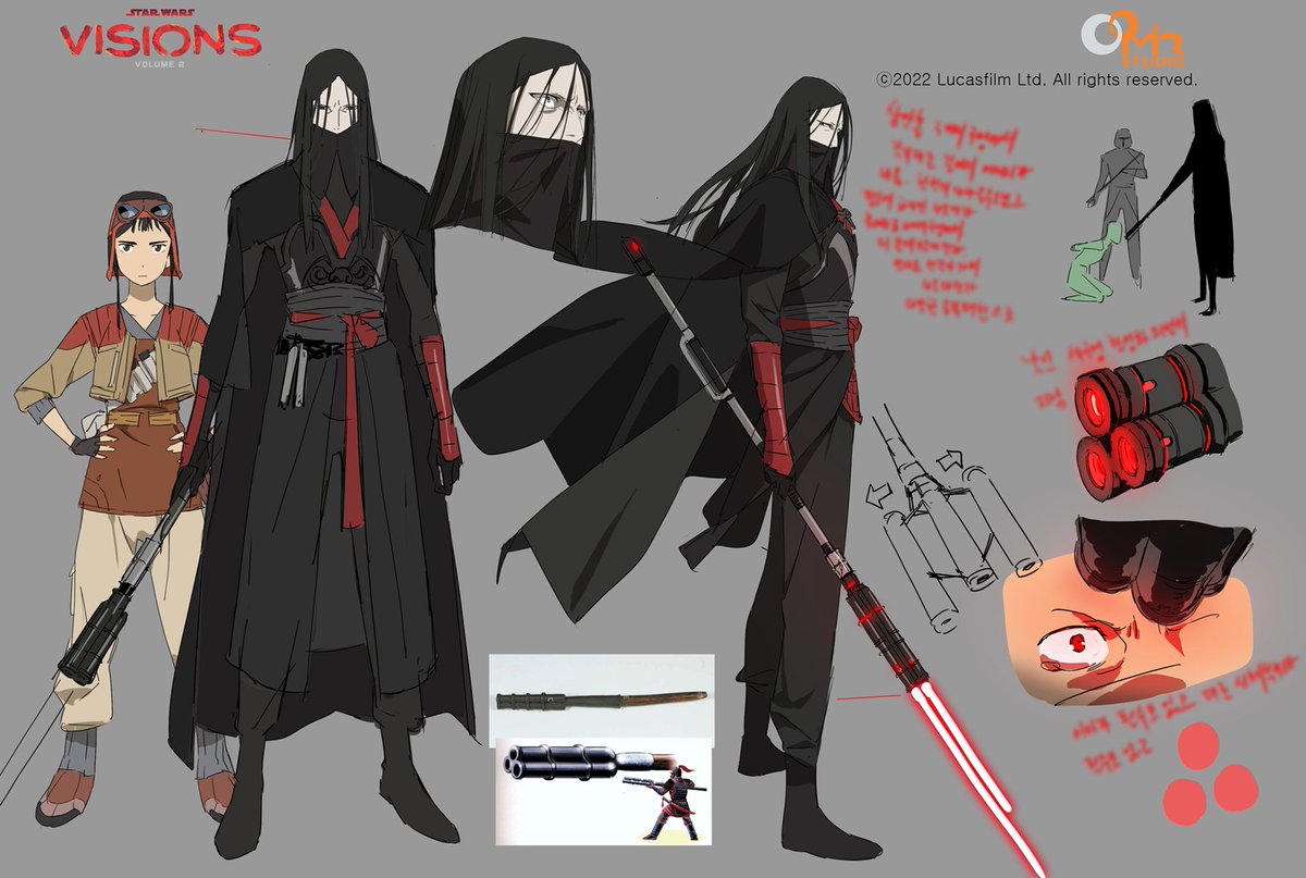 디즈니플러스 <스타워즈: 비전스>의 '어둠의 머리를 벨 수 있다면' 회차의 캐릭터 디자인 컨셉아트 자로입니다. 3배럴 승자총통을 모티브로 한...