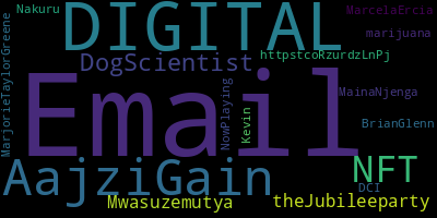 Trending in my timeline now:  #Email (8)  #DIGITAL (7)  #AajziGain (4)  #NFT (2)  #DogScientist (1)  #theJubileeparty (1)  #Mwasuzemutya (1)  #httpstcoRzurdzLnPj (1)
